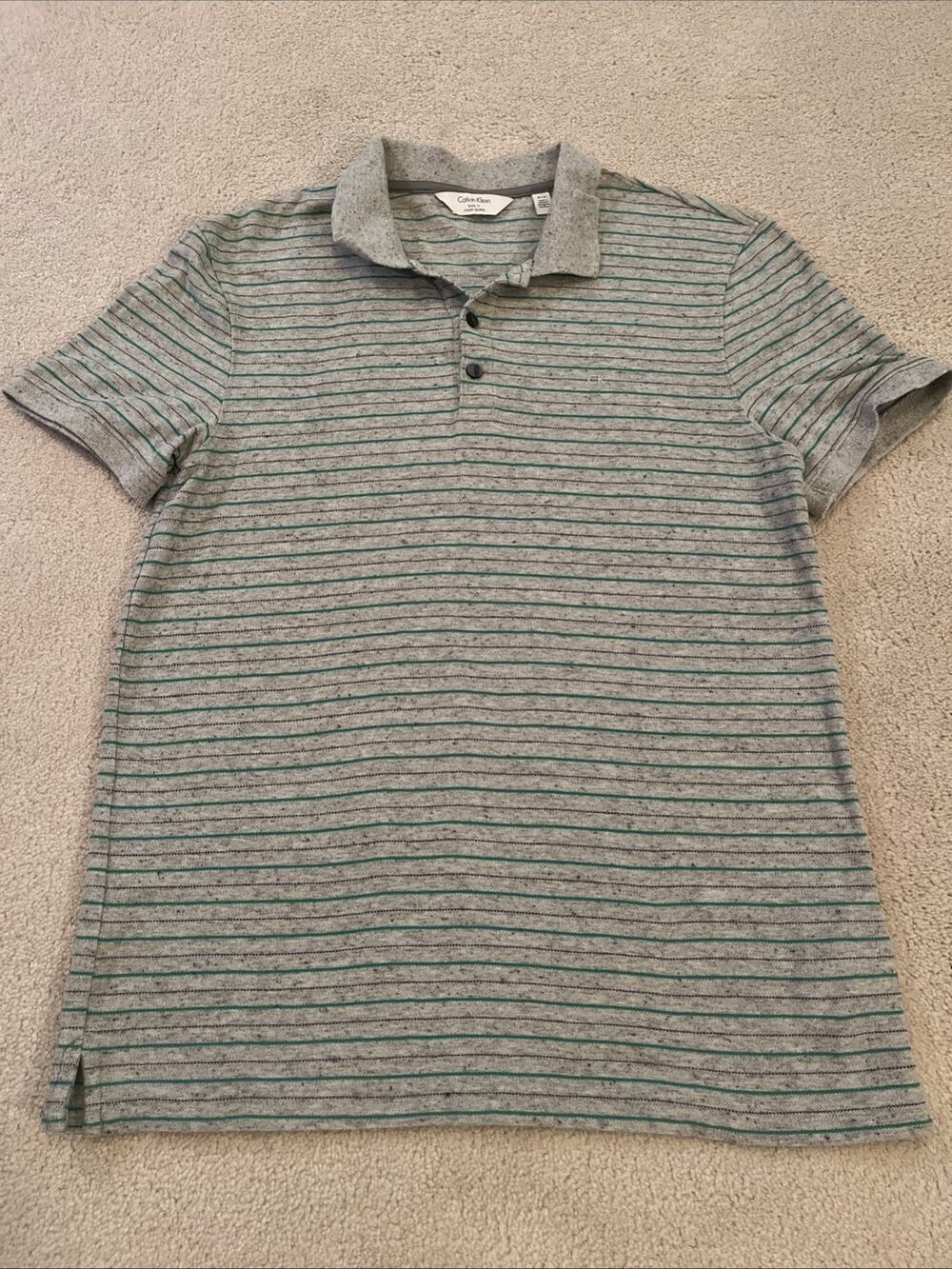 Calvin Klein Body Fit Men's Sz M Gray w/ Green & Blue Stripes Cotton Polo Shirt